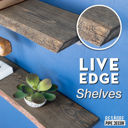PIPE DECOR 24 in. Boulder Black live edge wood shelf with L-shaped pipe brackets, view 3