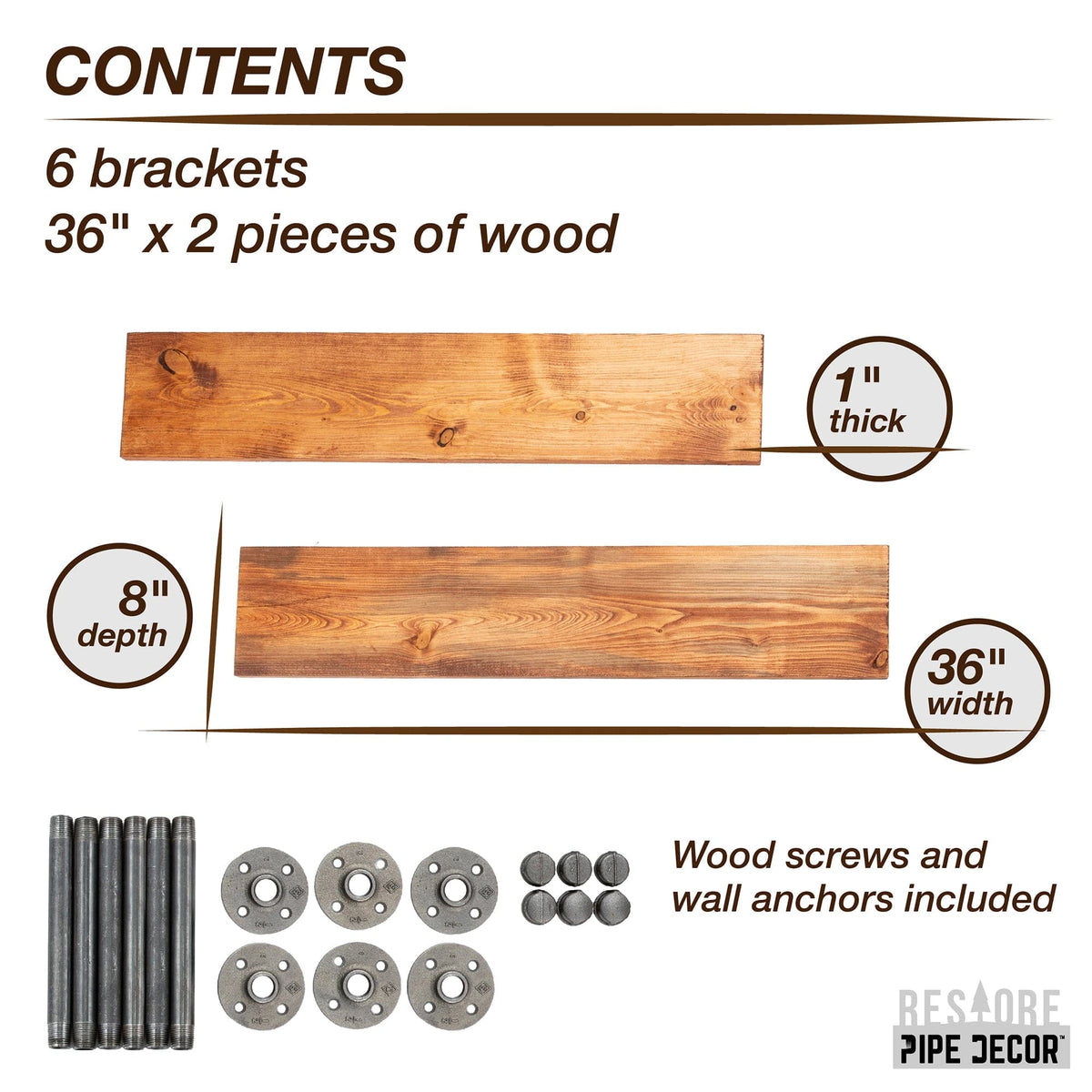 RESTORE Sunset Cedar 36 in. Shelves with Straight Brackets by PIPE DECOR