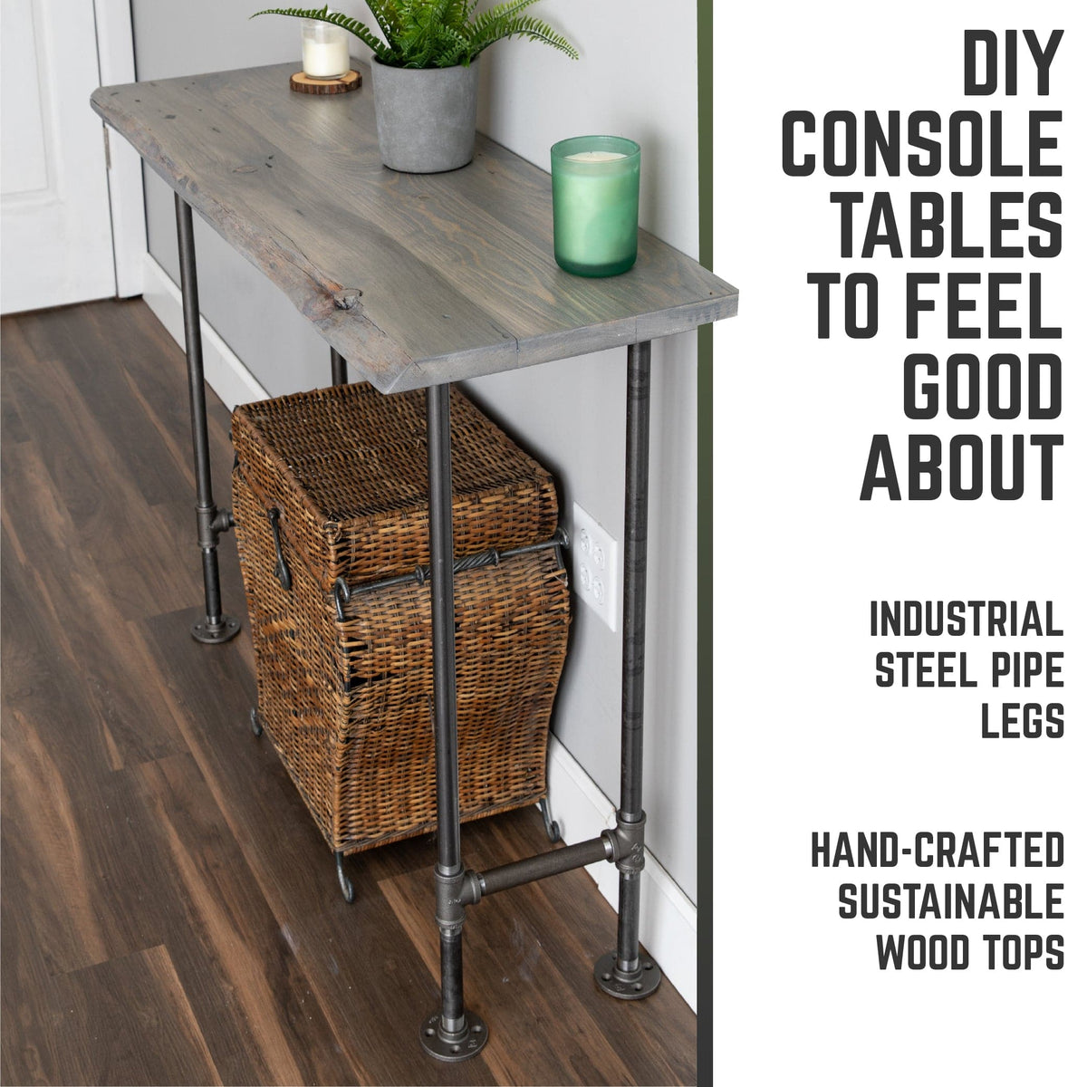 RESTORE Riverstone Grey Solid Live Edge Wood Console Table by PIPE DECOR