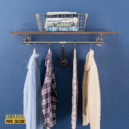 PIPE DECOR 24 in. wall mounted clothing rack with Boulder Black wood shelf, view 3