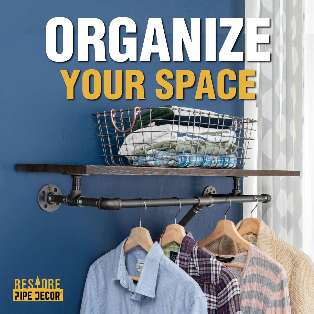 PIPE DECOR 24 in. wall mounted clothing rack with Boulder Black wood shelf, view 5
