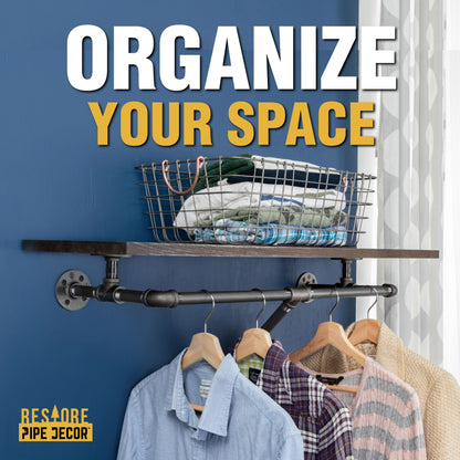PIPE DECOR 24 in. wall mounted clothing rack with Boulder Black wood shelf, view 5