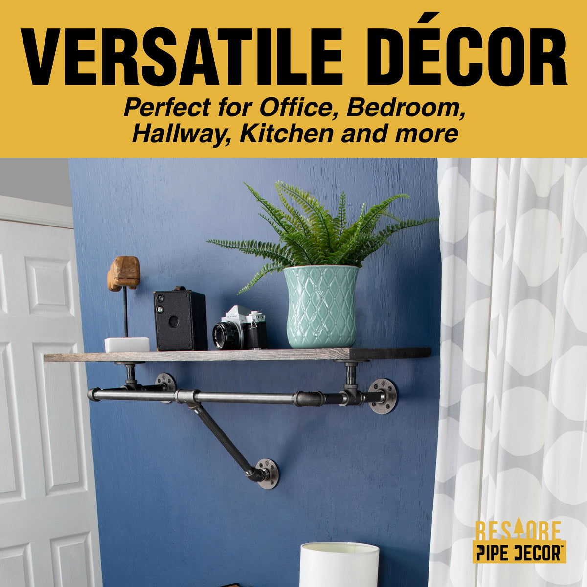 PIPE DECOR 24 in. wall mounted clothing rack with Boulder Black wood shelf, view 9