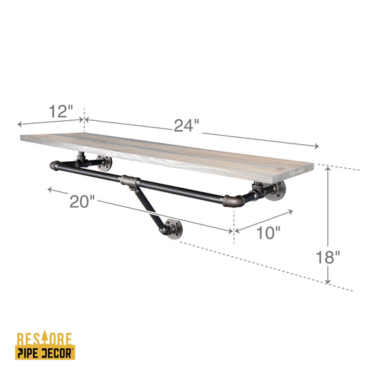 PIPE DECOR 24 in. wall mounted clothing rack with Riverstone Grey wood shelf, view 2