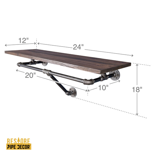 PIPE DECOR 24 in. wall mounted clothing rack with Trail Brown wood shelf, view 2