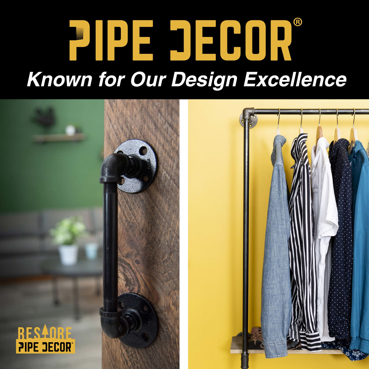 PIPE DECOR 36 in. wall mounted clothing rack with Boulder Black wood shelf, view 10