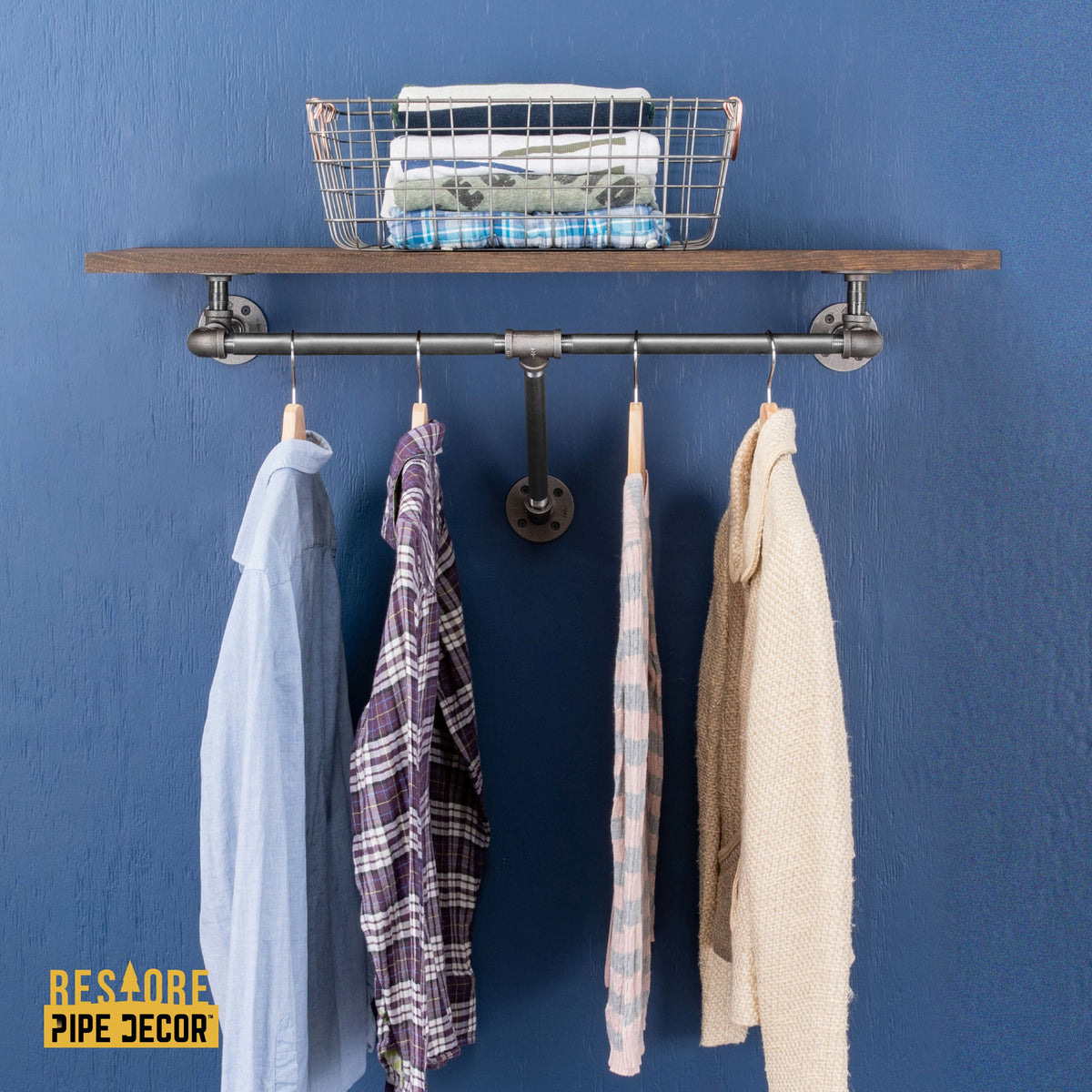 PIPE DECOR 36 in. wall mounted clothing rack with Boulder Black wood shelf, view 3