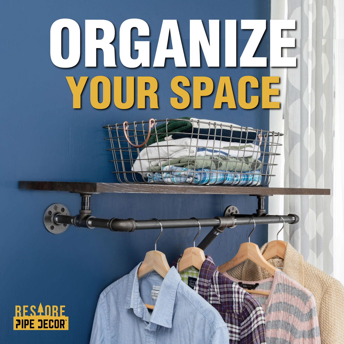 PIPE DECOR 36 in. wall mounted clothing rack with Boulder Black wood shelf, view 5