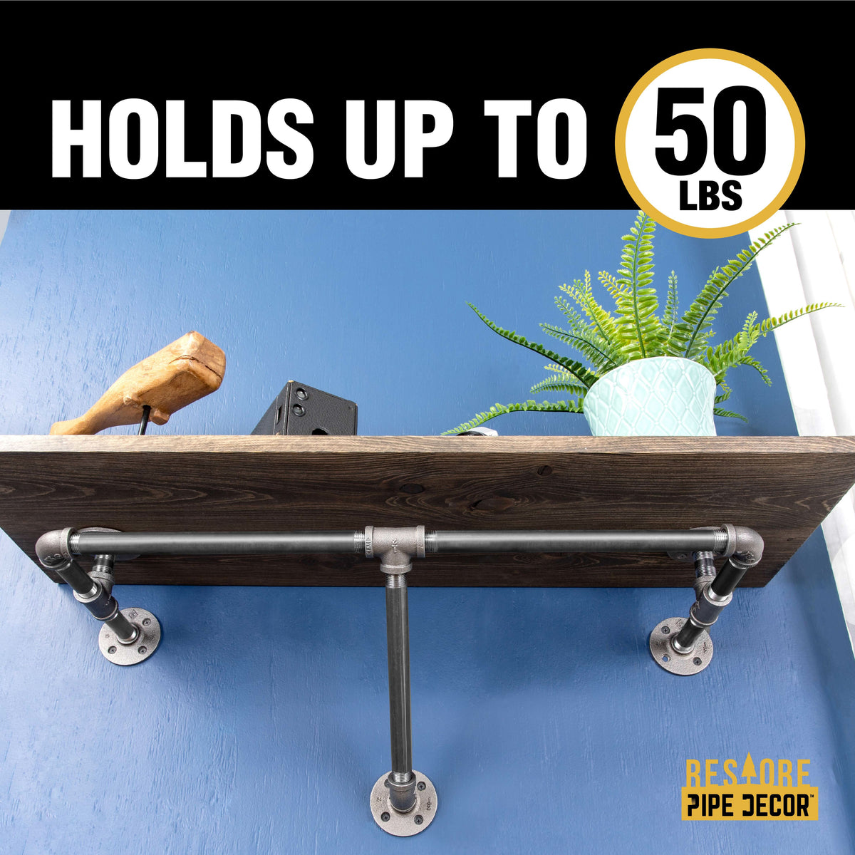 PIPE DECOR 36 in. wall mounted clothing rack with Boulder Black wood shelf, view 8