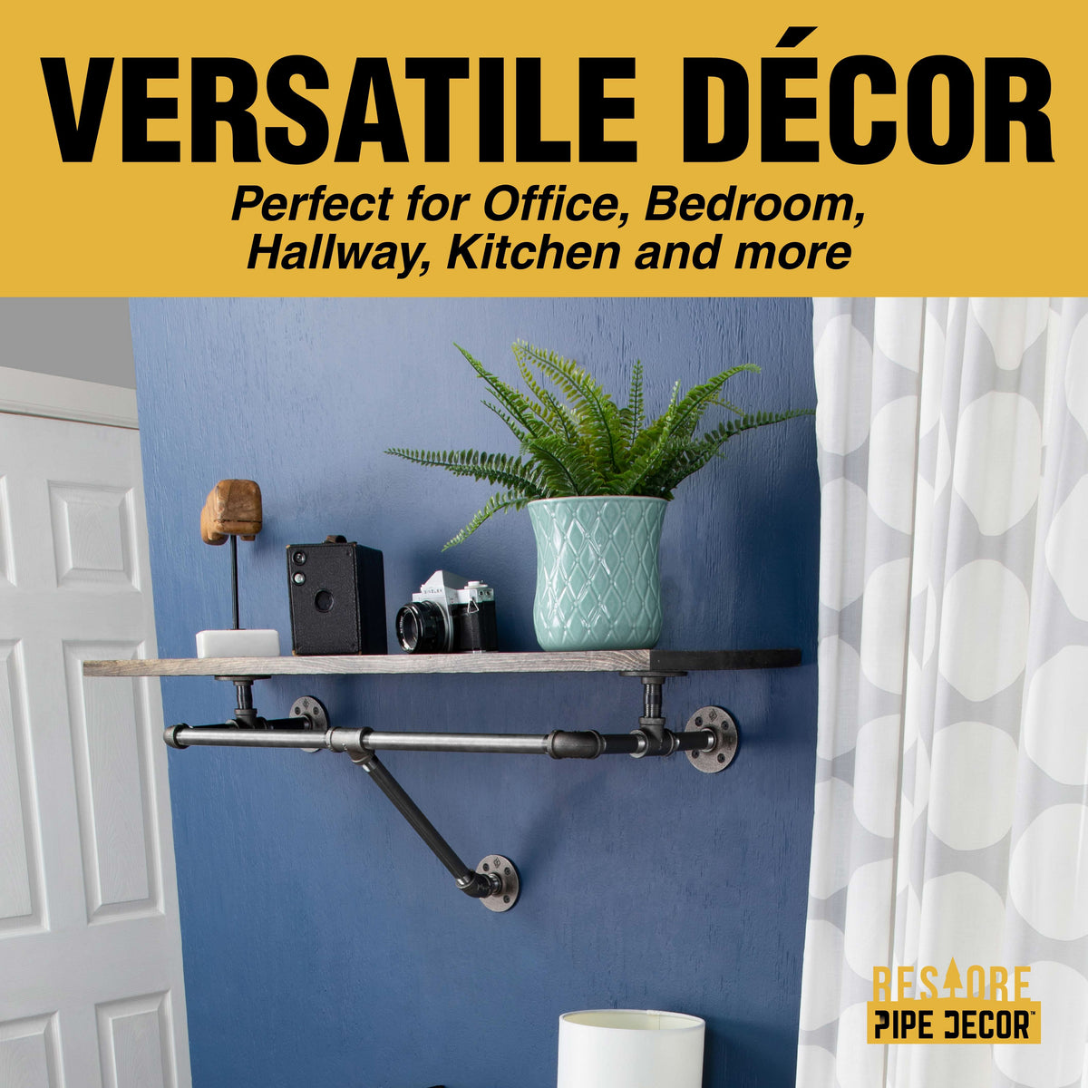 PIPE DECOR 36 in. wall mounted clothing rack with Boulder Black wood shelf, view 9