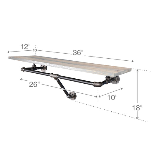 PIPE DECOR 36 in. wall mounted clothing rack with Riverstone Grey wood shelf, view 2