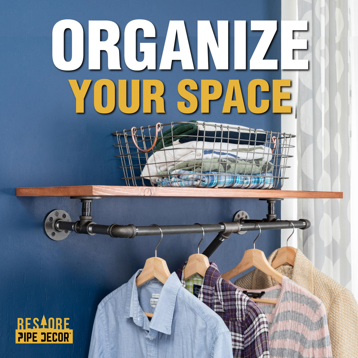 PIPE DECOR 36 in. wall mounted clothing rack with Sunset Cedar wood shelf, view 5