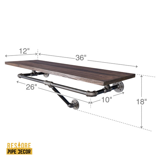 PIPE DECOR 36 in. wall mounted clothing rack with Trail Brown wood shelf, view 2