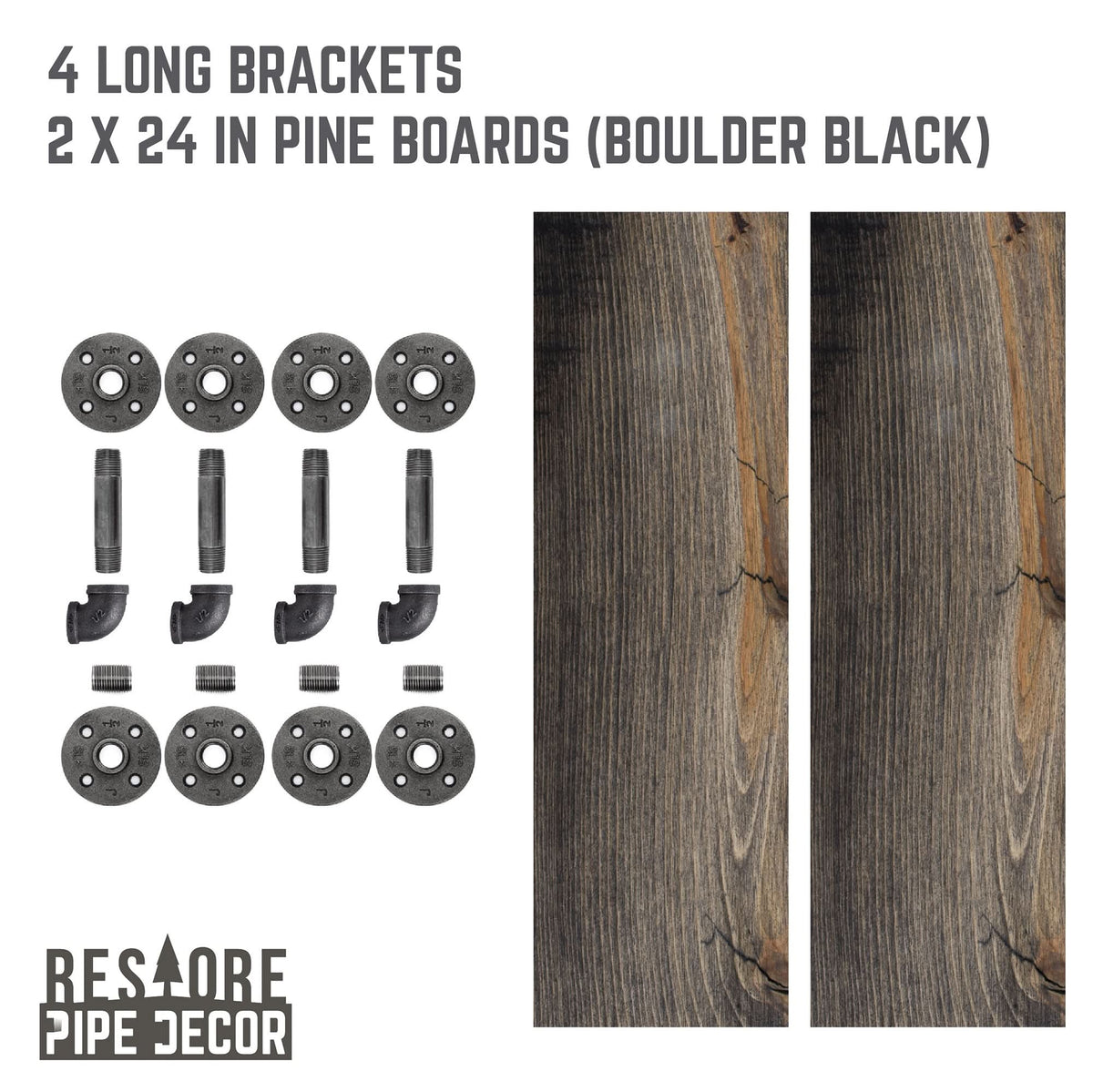 RESTORE Boulder Black 24 in. Shelves with L-Shaped Brackets by PIPE DECOR