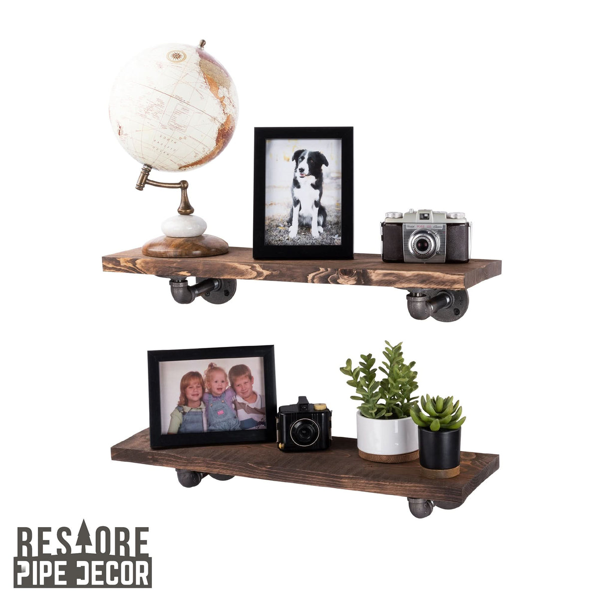 RESTORE Trail Brown 24 in. Shelves with L-Shaped Brackets by PIPE DECOR