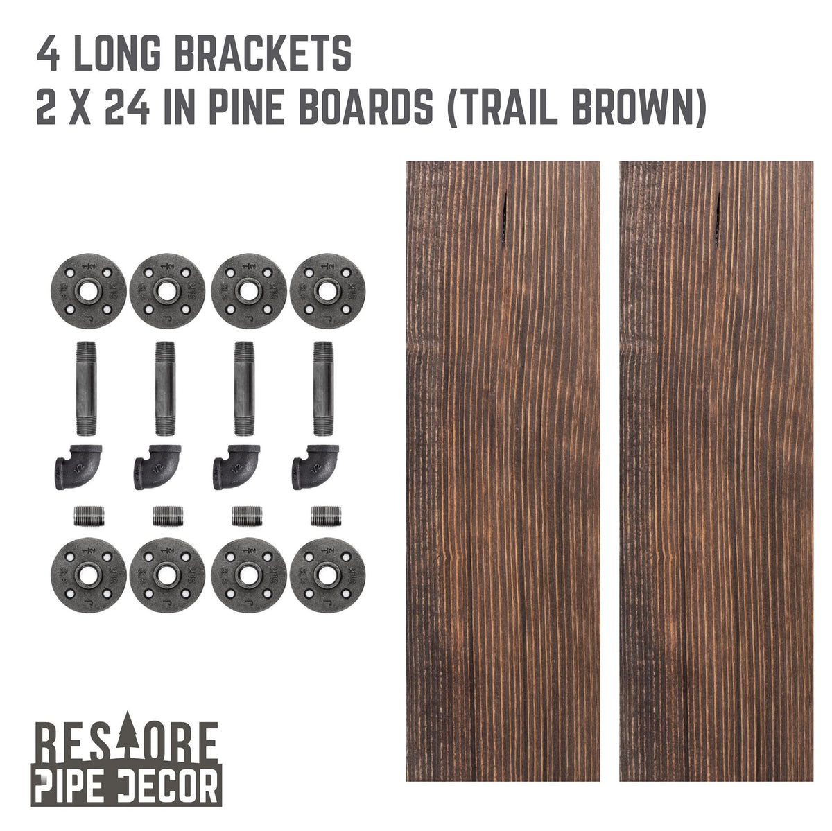 RESTORE Trail Brown 24 in. Shelves with L-Shaped Brackets by PIPE DECOR