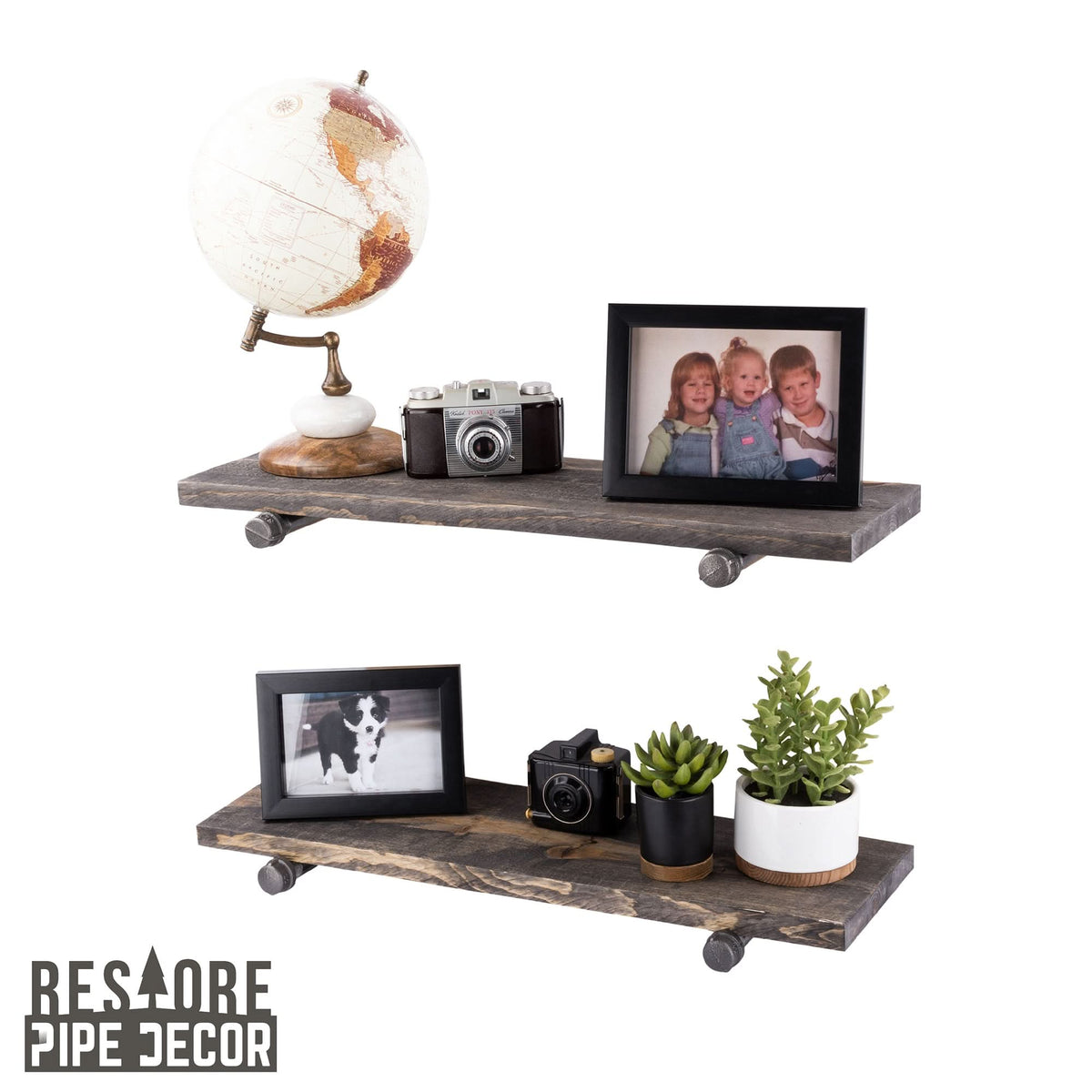 RESTORE Boulder Black 24 in. Shelves with Straight Brackets by PIPE DECOR
