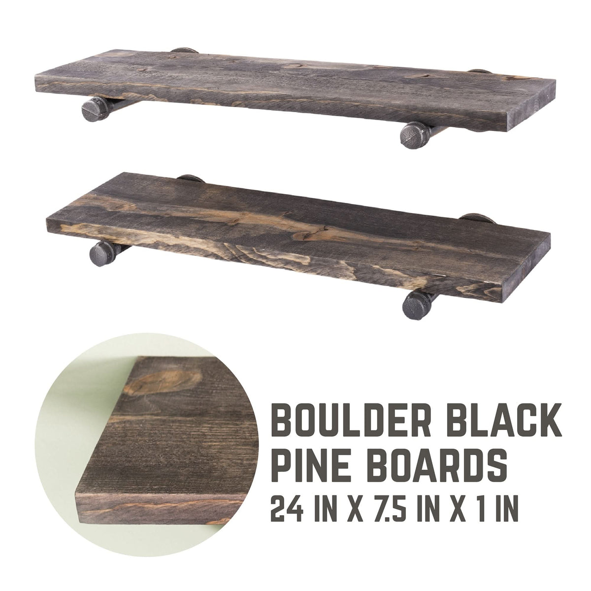 RESTORE Boulder Black 24 in. Shelves with Straight Brackets by PIPE DECOR