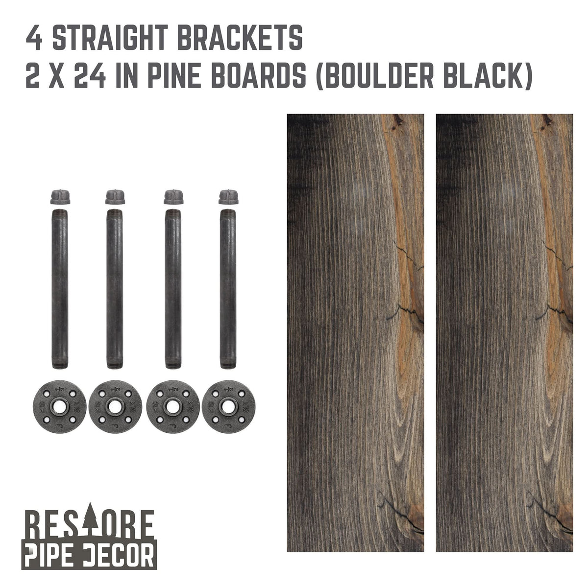 RESTORE Boulder Black 24 in. Shelves with Straight Brackets by PIPE DECOR