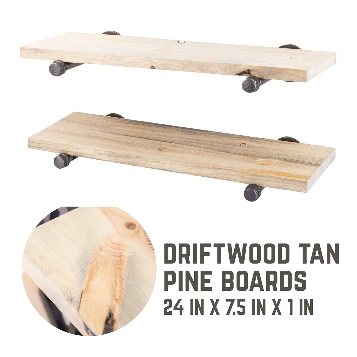 RESTORE Driftwood Tan 24 in. Shelves with Straight Brackets by PIPE DECOR