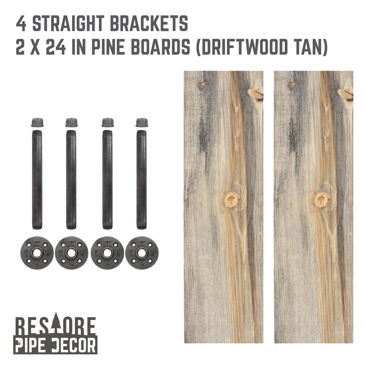 RESTORE Driftwood Tan 24 in. Shelves with Straight Brackets by PIPE DECOR