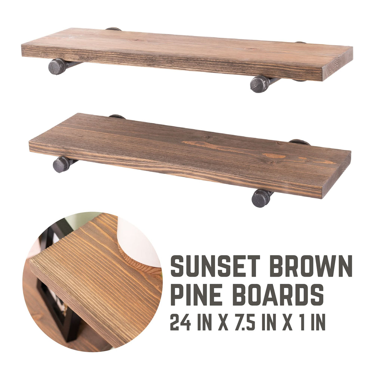 RESTORE Sunset Brown 24 in. Shelves with Straight Brackets by PIPE DECOR