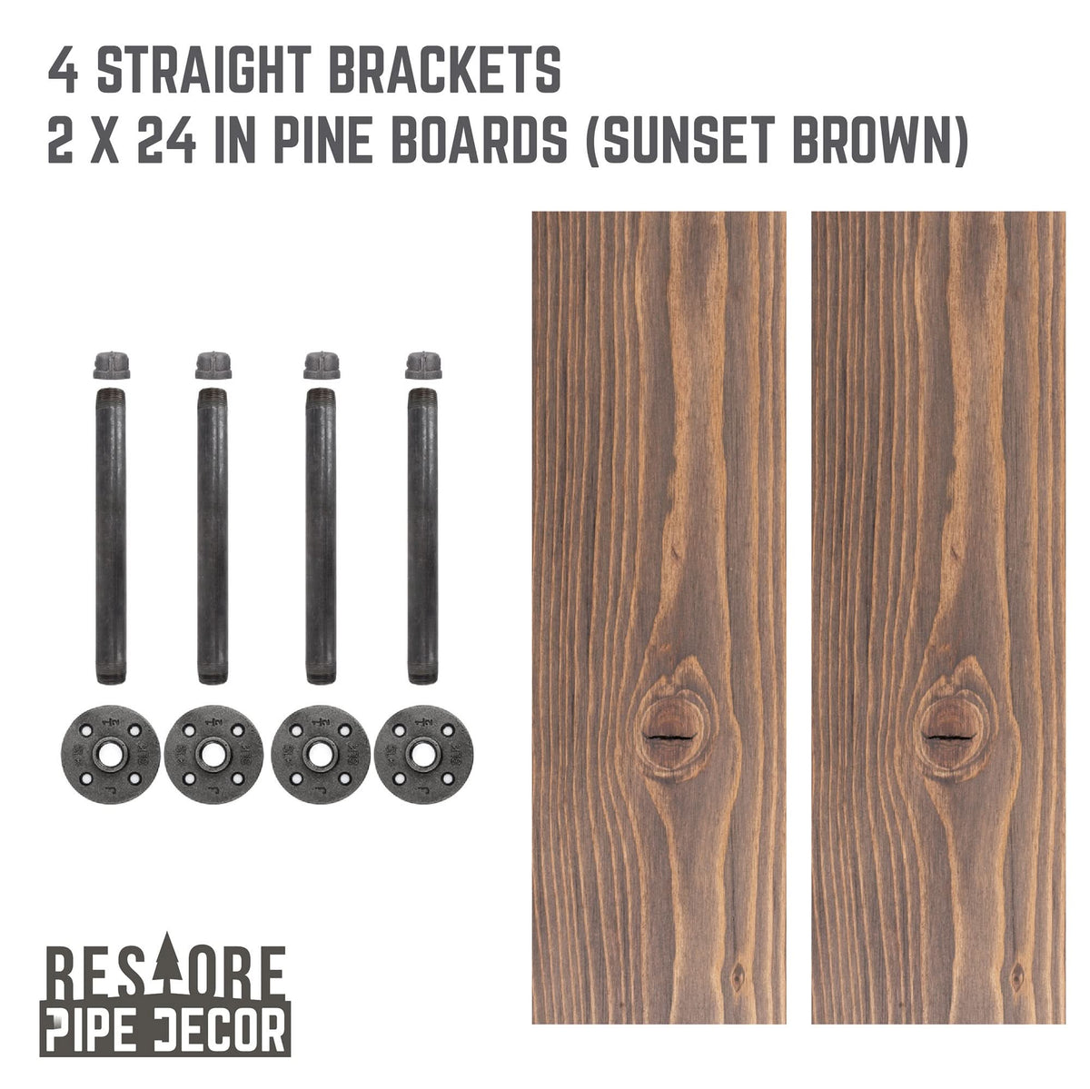 RESTORE Sunset Brown 24 in. Shelves with Straight Brackets by PIPE DECOR