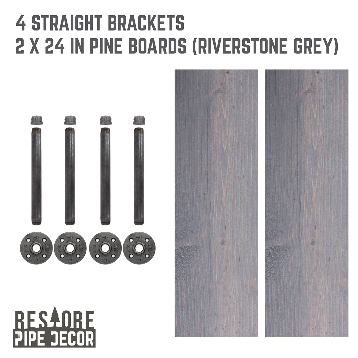 RESTORE Riverstone Grey 24 in. Shelves with Straight Brackets by PIPE DECOR
