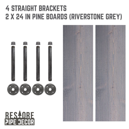 RESTORE Riverstone Grey 24 in. Shelves with Straight Brackets by PIPE DECOR