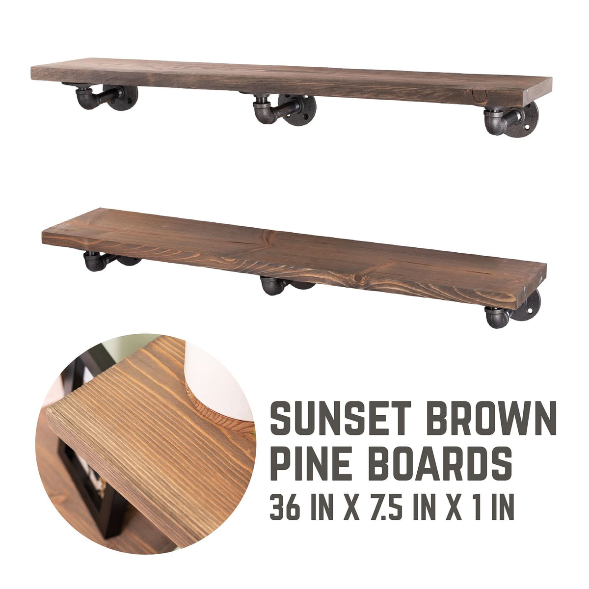 RESTORE Sunset Brown 36 in. Shelves with L-Shaped Brackets by PIPE DECOR