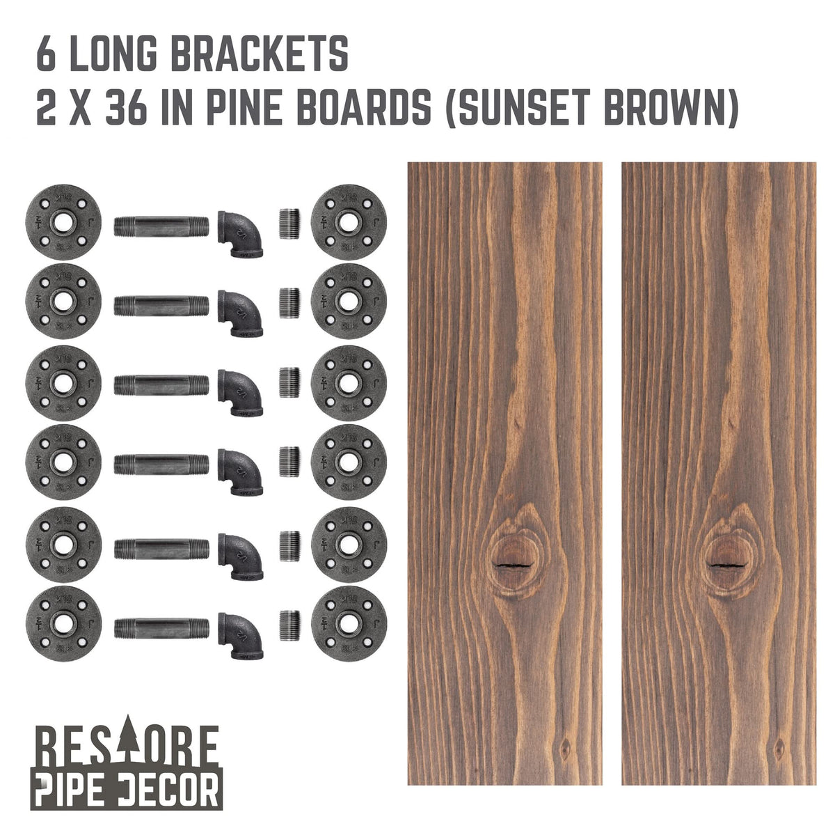 RESTORE Sunset Brown 36 in. Shelves with L-Shaped Brackets by PIPE DECOR