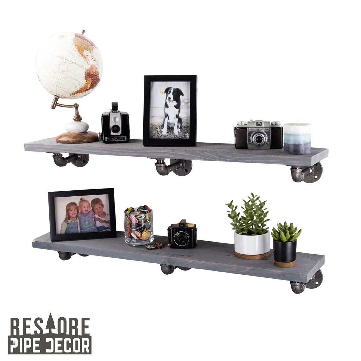 RESTORE Riverstone Grey 36 in. Shelves with L-Shaped Brackets by PIPE DECOR