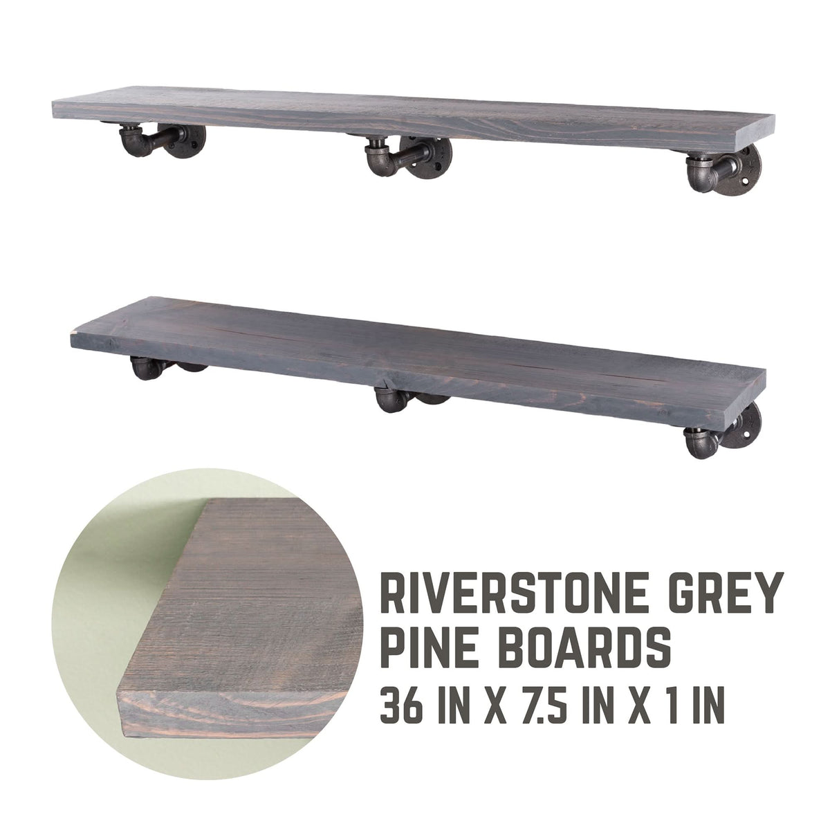 RESTORE Riverstone Grey 36 in. Shelves with L-Shaped Brackets by PIPE DECOR