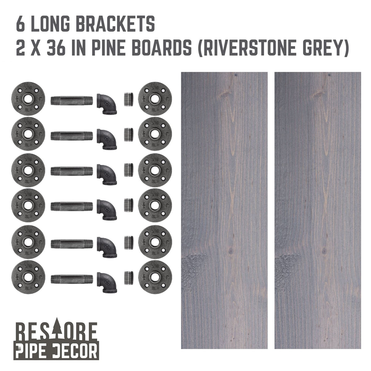 RESTORE Riverstone Grey 36 in. Shelves with L-Shaped Brackets by PIPE DECOR