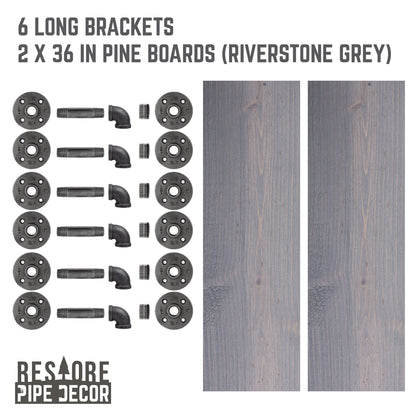 RESTORE Riverstone Grey 36 in. Shelves with L-Shaped Brackets by PIPE DECOR