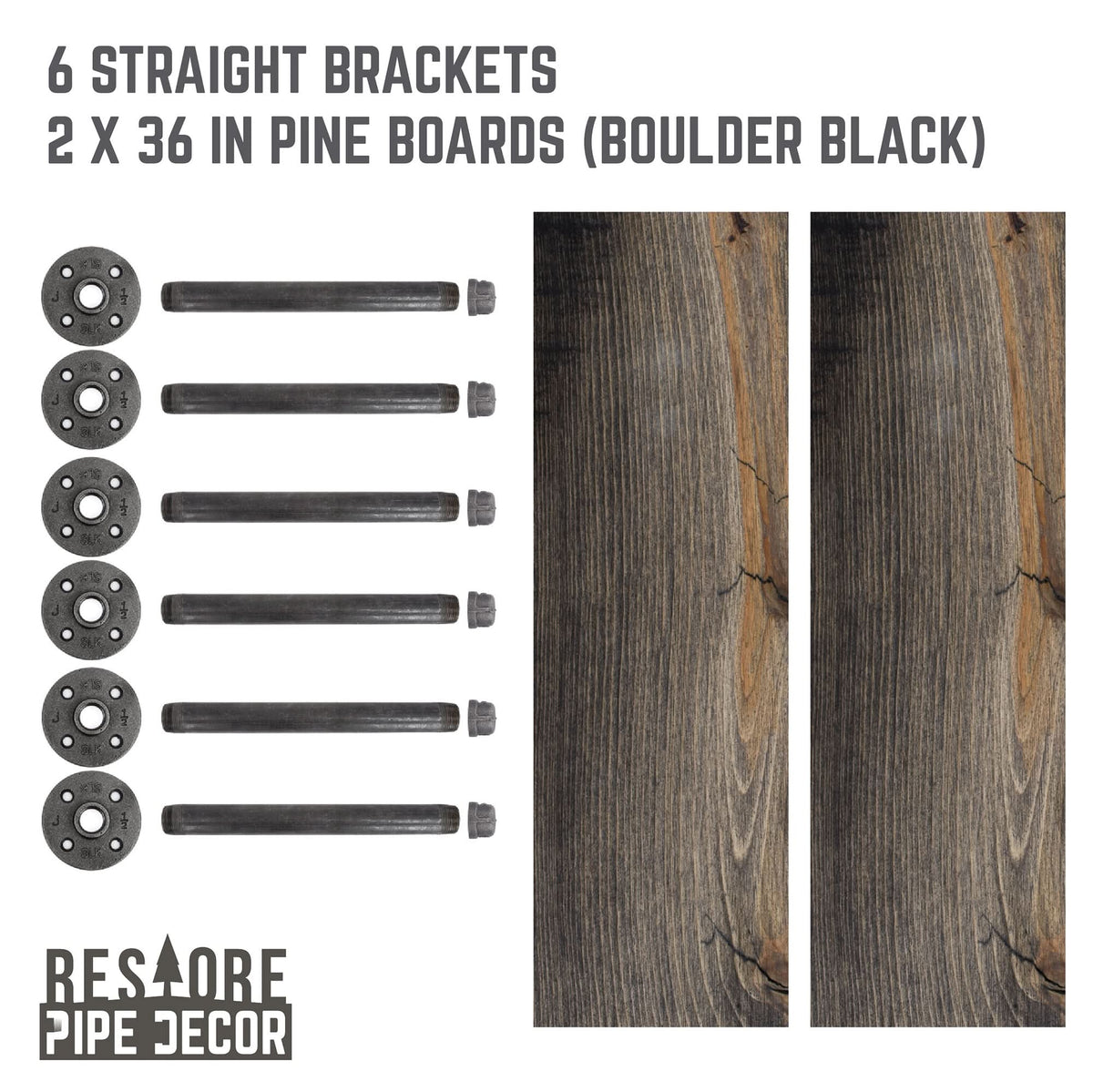 RESTORE Boulder Black 36 in. Shelves with Straight Brackets by PIPE DECOR