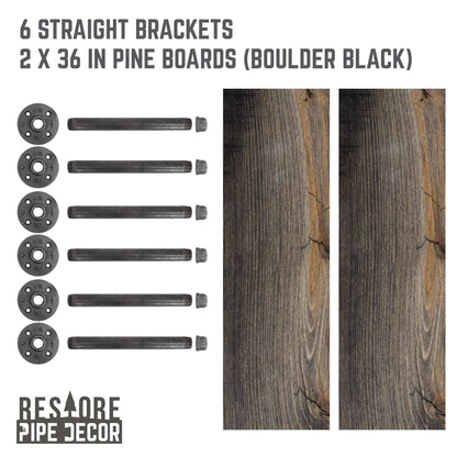 RESTORE Boulder Black 36 in. Shelves with Straight Brackets by PIPE DECOR