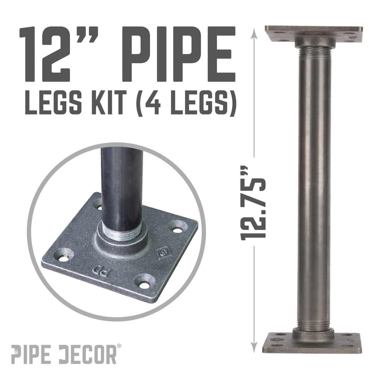PIPE DECOR 1 in. x 12 in. square flange pipe table legs, 4-pack, view 3