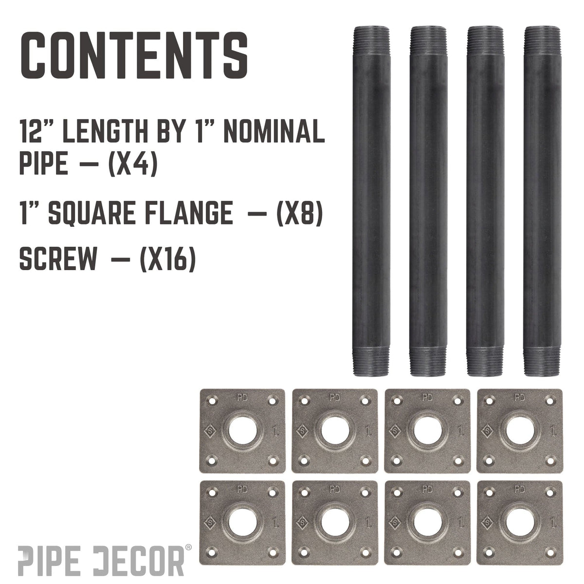PIPE DECOR 1 in. x 12 in. square flange pipe table legs, 4-pack, view 10