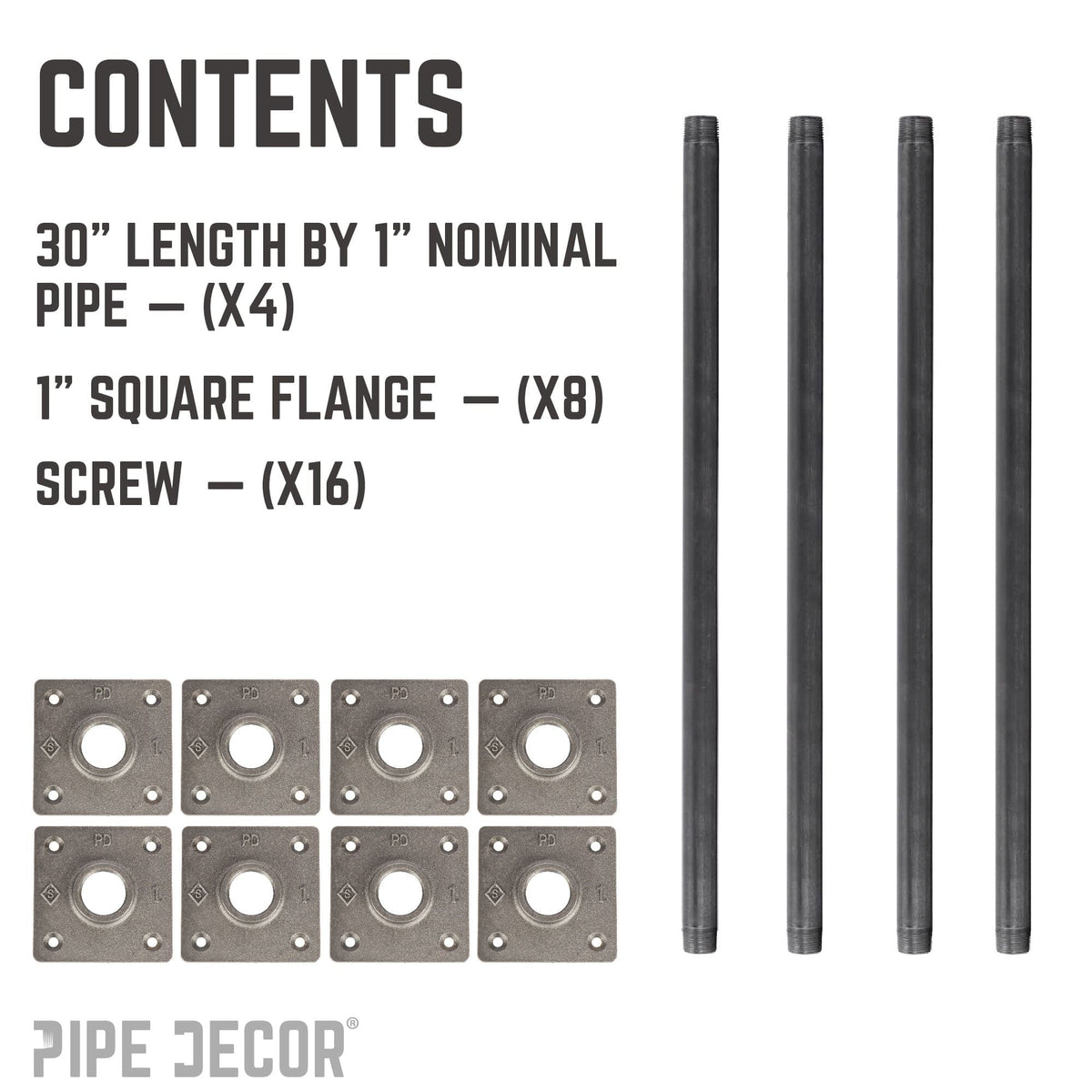 PIPE DECOR 1 in. x 30 in. square flange pipe table legs, 4-pack, view 10