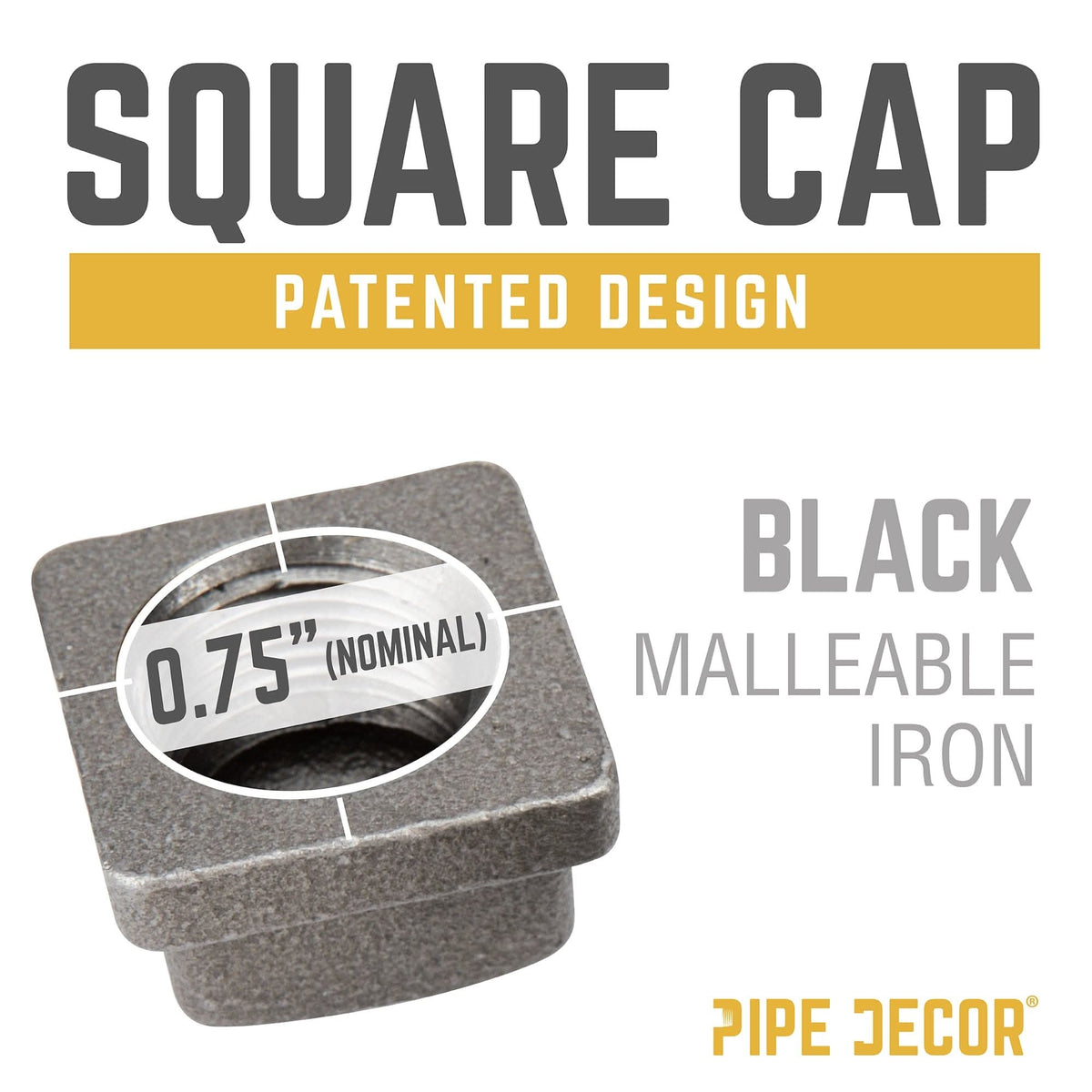 PIPE DECOR 3/4 in. black iron square cap pipe fitting, view 4