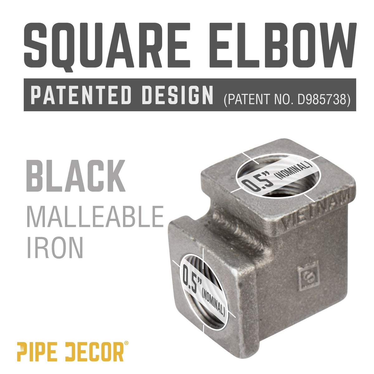 PIPE DECOR 1/2 in. black iron square 90 degree elbow pipe fitting, view 4