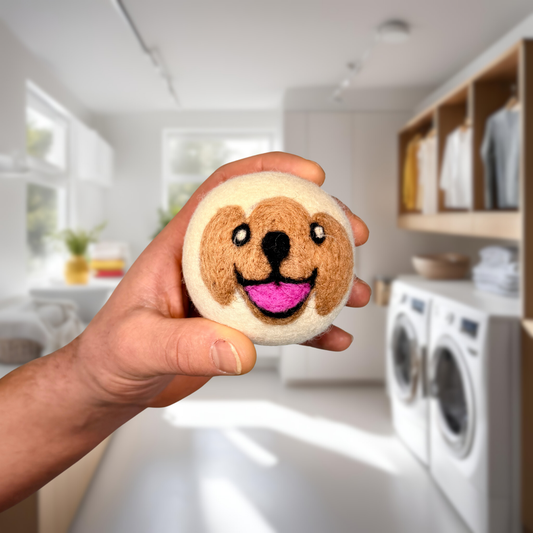 Organic wool dryer balls in Biscuit The Pup design