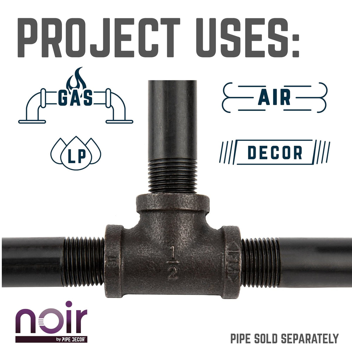 Noir by PIPE DECOR 1/2 in. prefinished matte black tee pipe fitting, view 6
