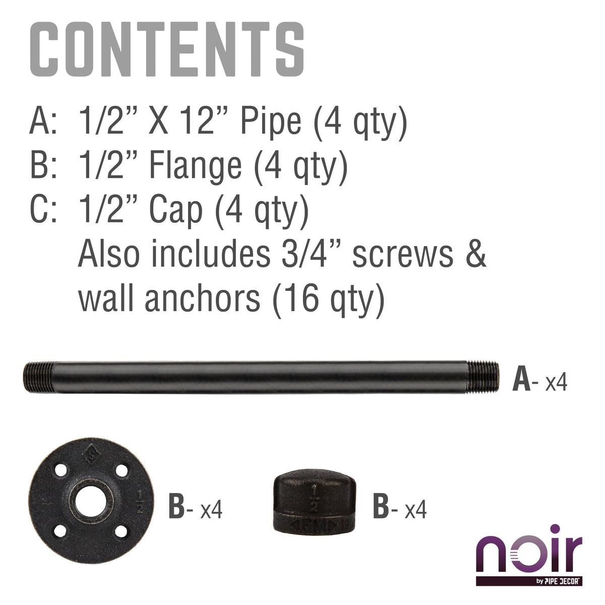 Noir by PIPE DECOR 1/2 in. x 12 in. matte black clothing hanging bracket kit, 4-pack, view 10