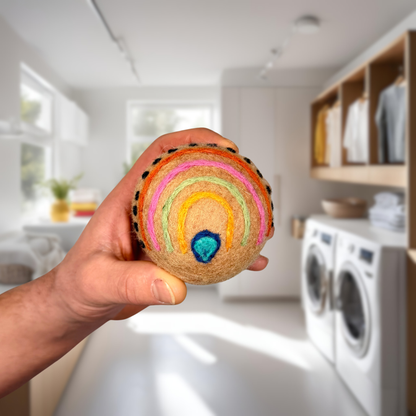 Organic wool dryer balls in Rainbow Brite design
