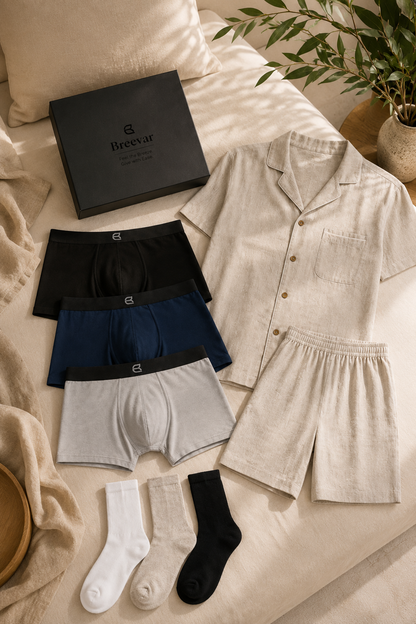 Men's Natural Comfort Complete Gift Set with Short-Sleeve Sleepwear, Boxer Brief and Socks by Breevar