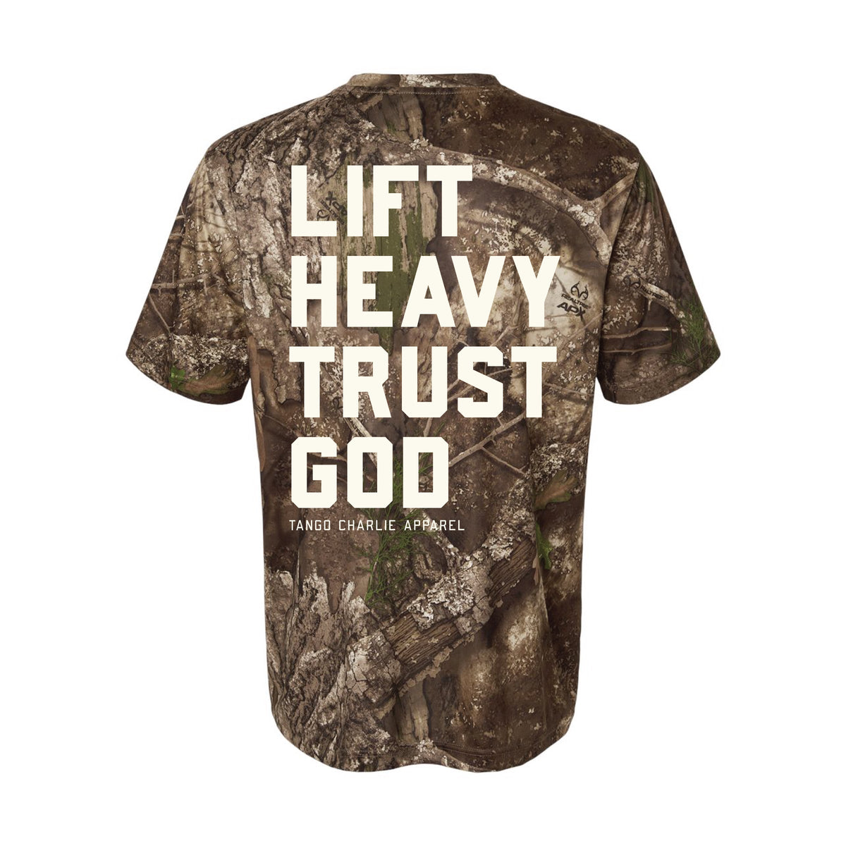 Lift Heavy. Trust God. - Realtree Premium Camo Tee by Tango Charlie Apparel
