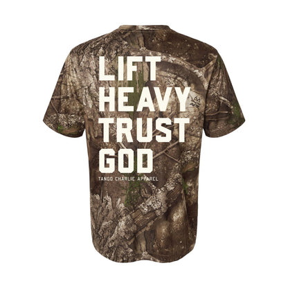 Lift Heavy. Trust God. - Realtree Premium Camo Tee by Tango Charlie Apparel