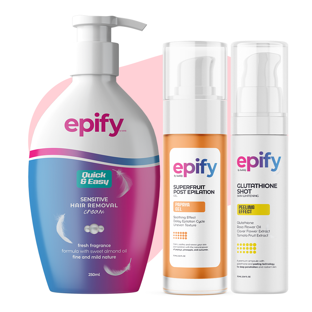 Epify Full Body Care Set, Hair Removal Cream, Superfruit Papaya Gel &amp; Glutathione Shot, 3-Step Body Routine by Beauty Care Bag